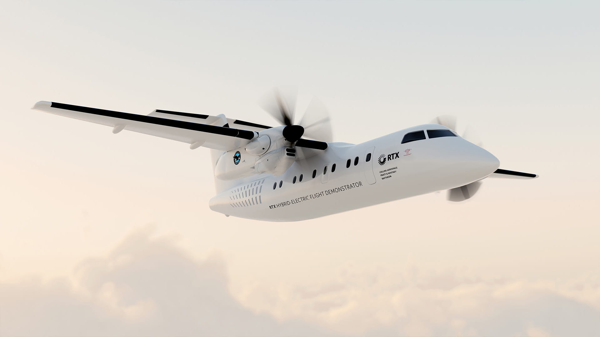 Twin prop aircraft in flight