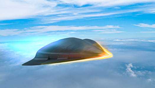 An artist's rendition of a hypersonic jet flying through the sky.
