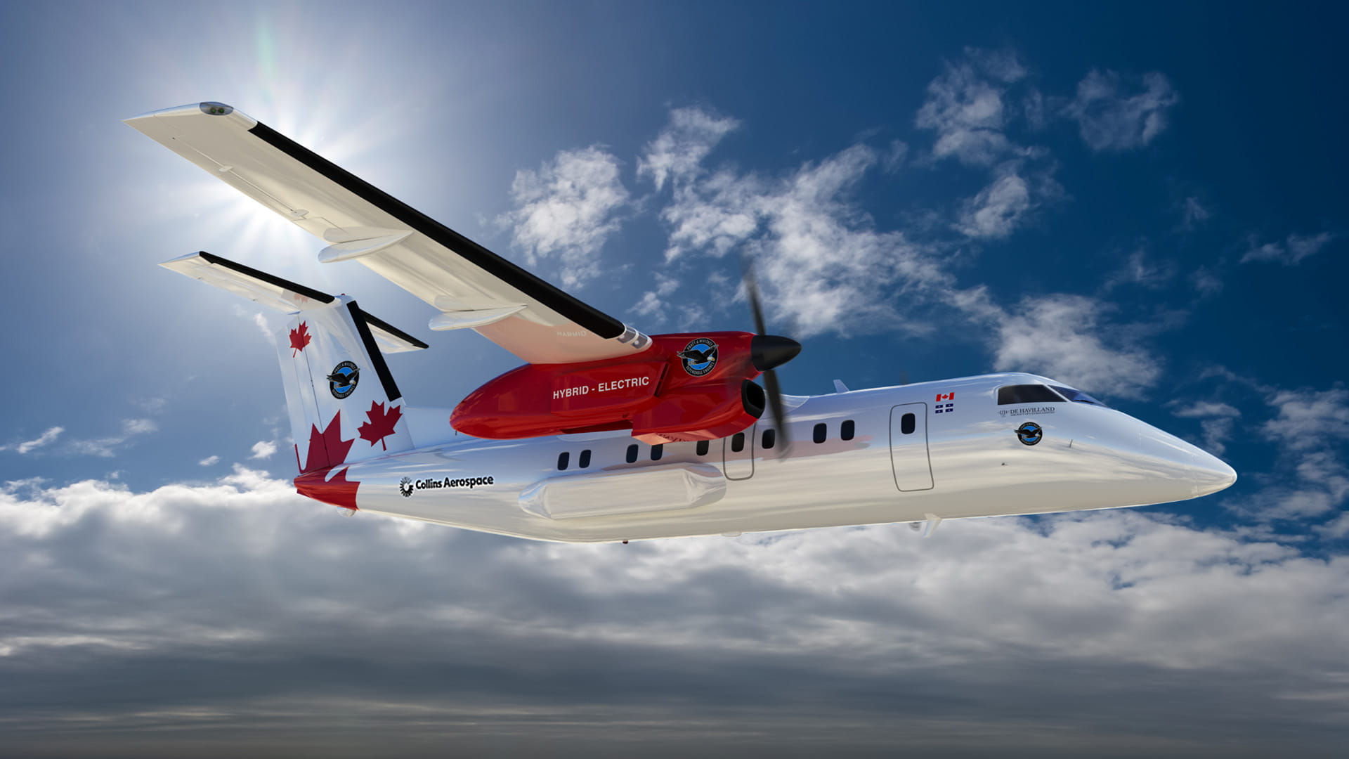 De Havilland Hybrid Electric propeller aircraft in flight