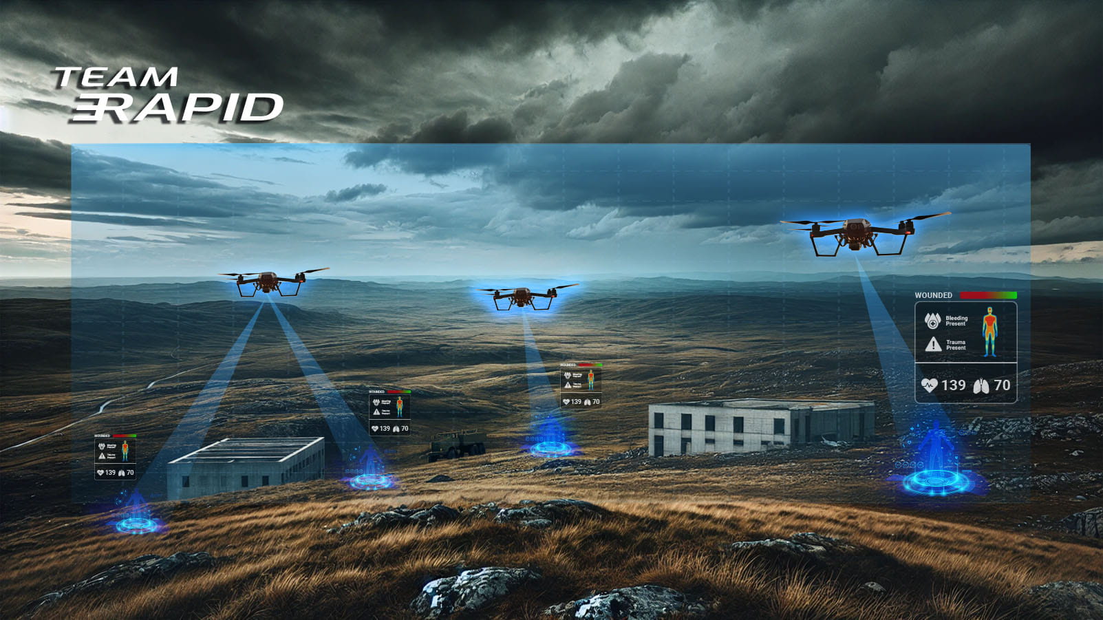 3d rendered image of drones scanning the ground