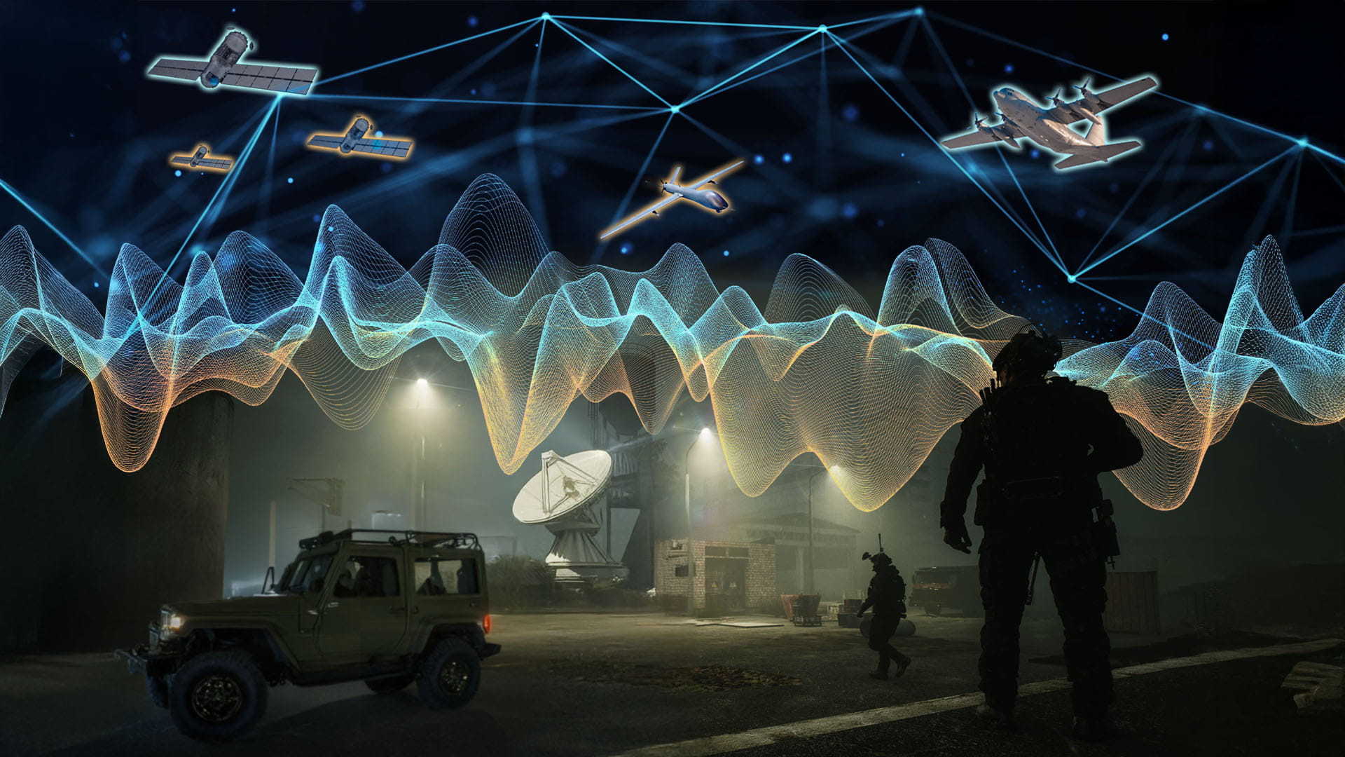 Radio wave overlayed across communications devices