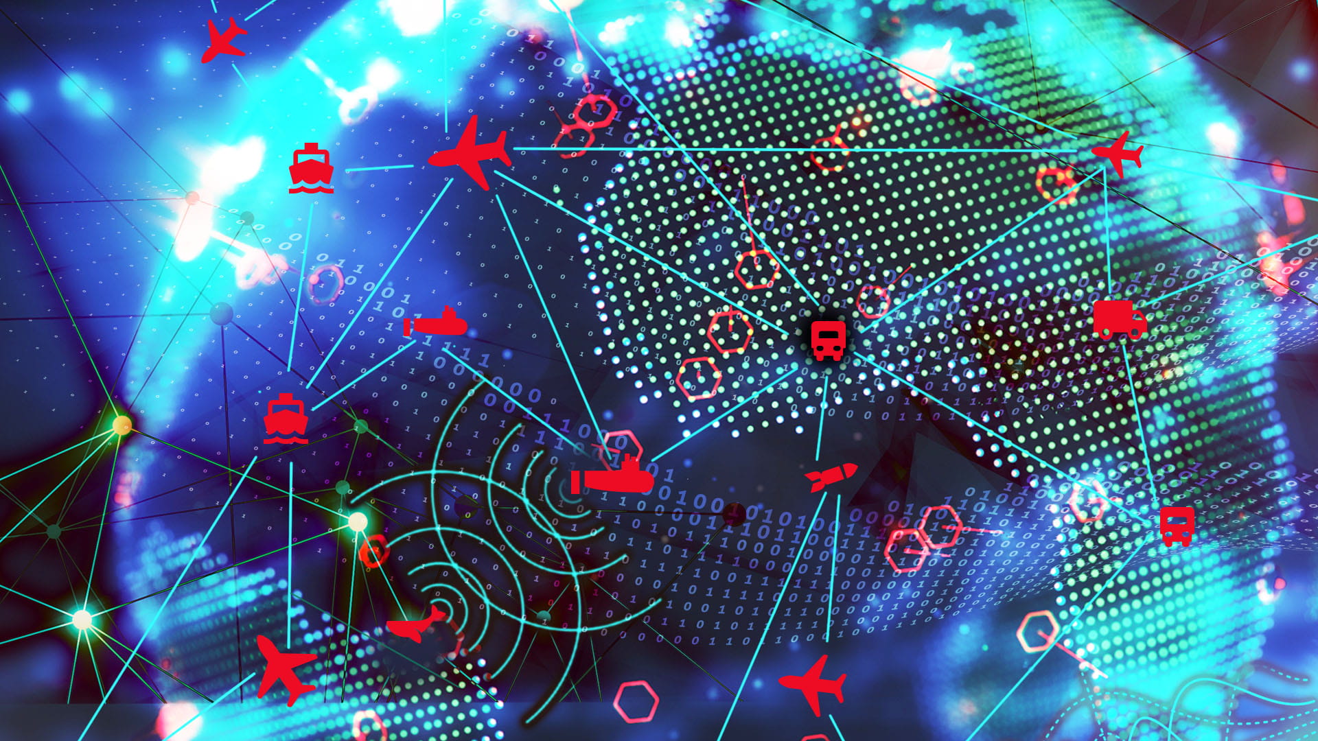 land, air, sea and space vehicle icons over a digital globe