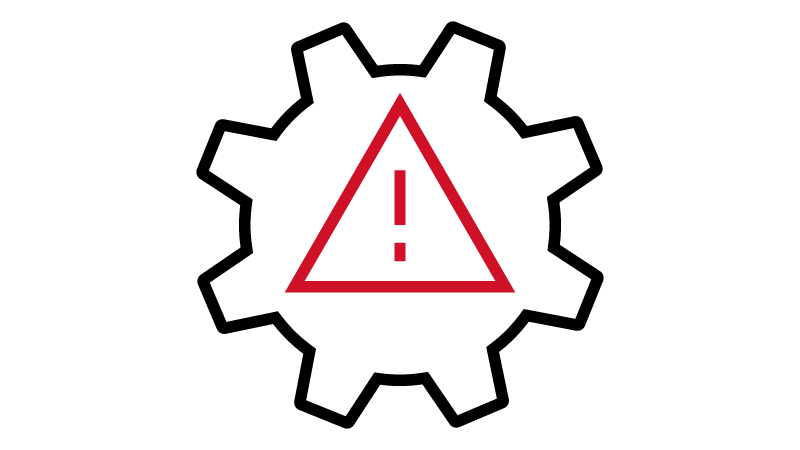 Icon of a black gear with red triangle and red exclamation point inside.