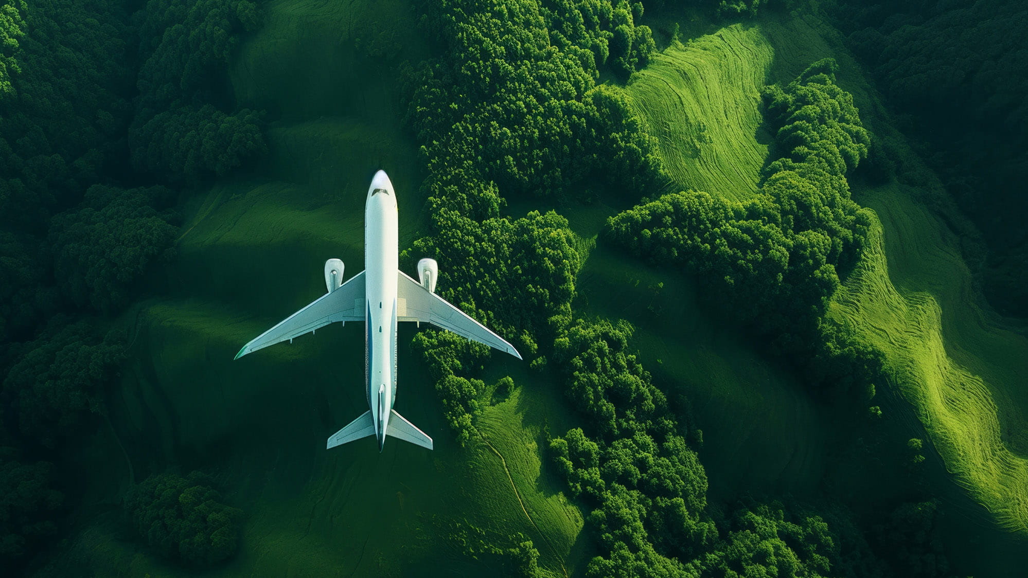 A large passenger airplane flies over green hills and forest.
