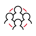 Icon of four people in black connected by red lines.