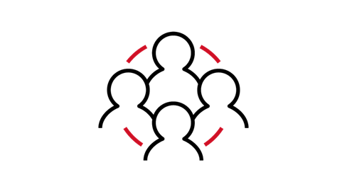 Icon of four people in black connected by red lines.