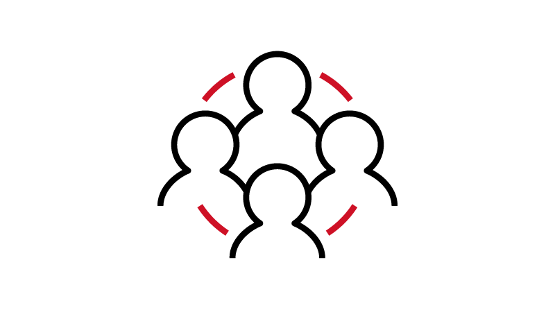 Icon of four people in black connected by red lines.