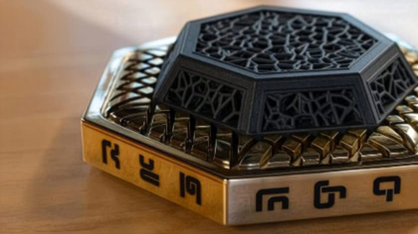 A hexagonal-shaped item with glyphs