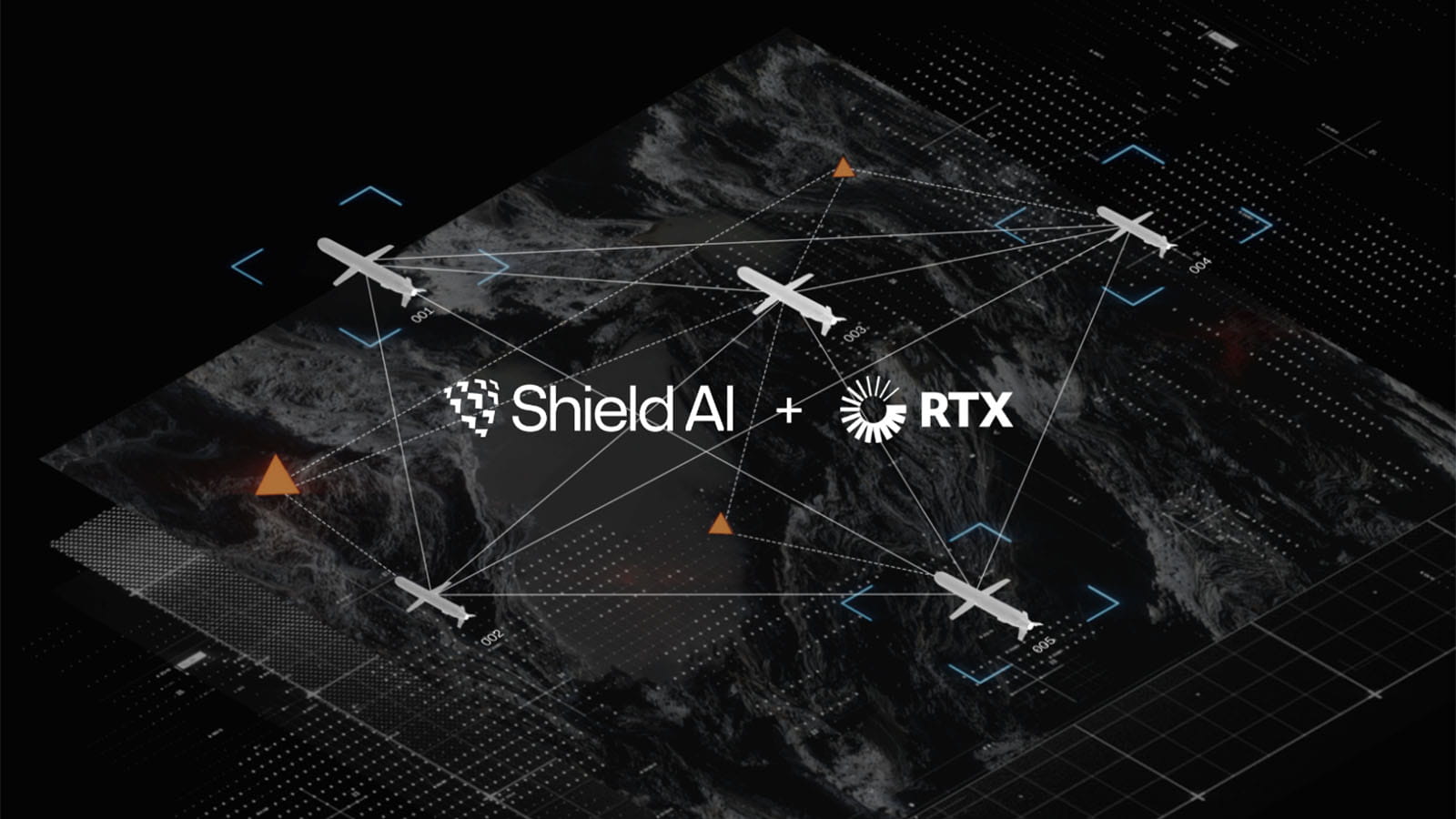 graphic showing Shield AI and RTX logos with an aerial network