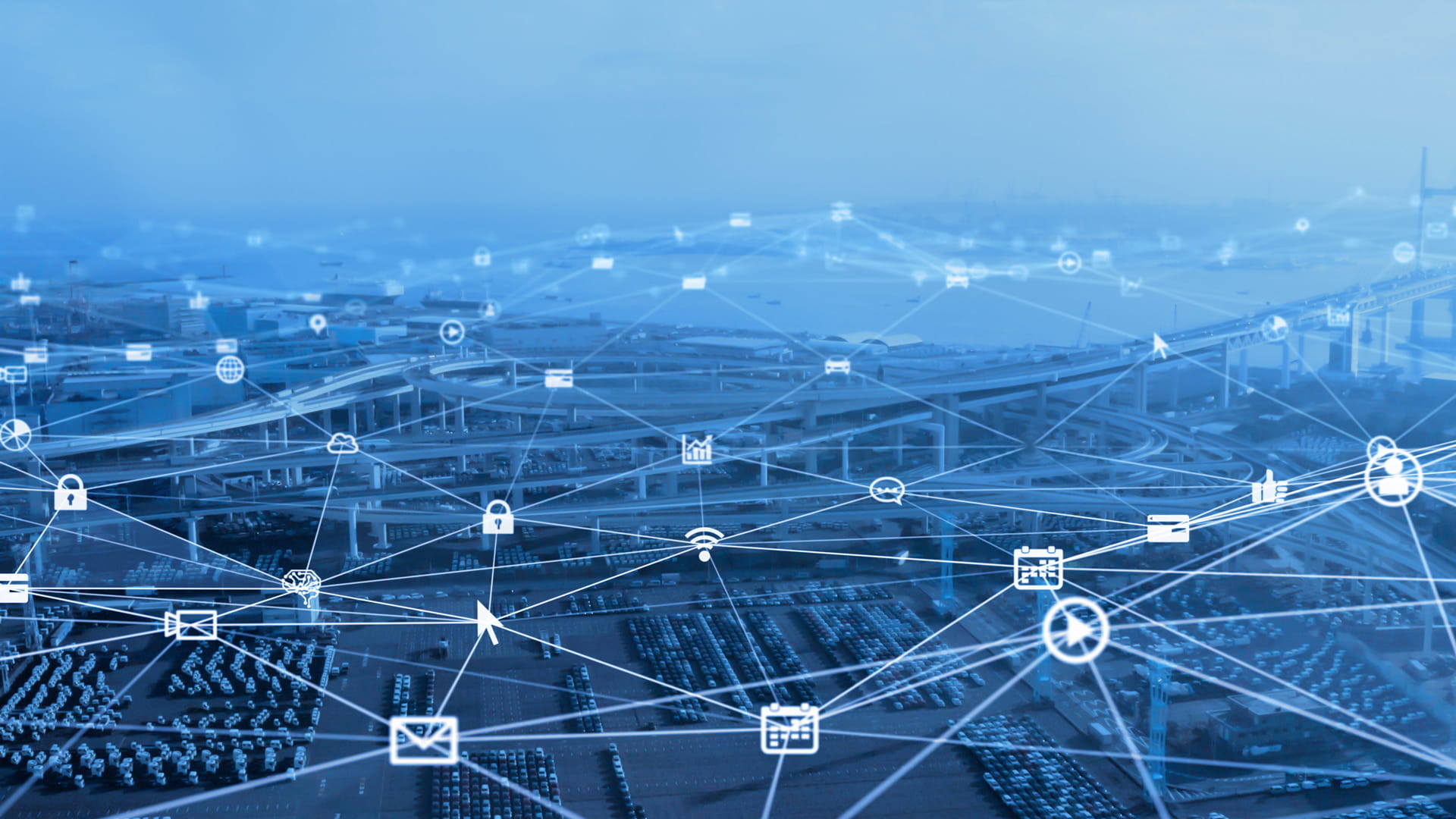 Web pattern with nodes featuring calendars, play buttons, padlocks, and other icons