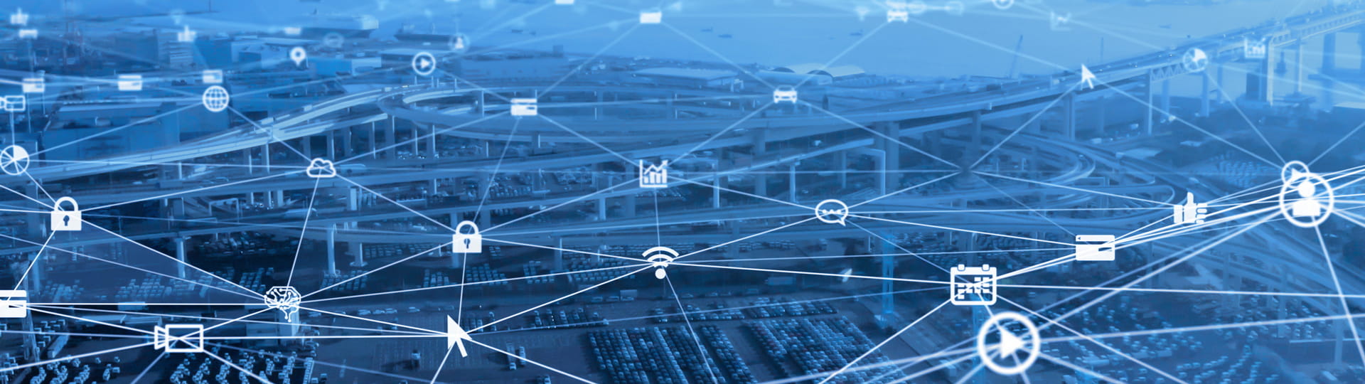 Web pattern with nodes featuring calendars, play buttons, padlocks, and other icons