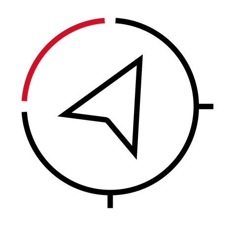 Icon showcasing a black arrow in the middle of a black and red circle representing responsible business. 