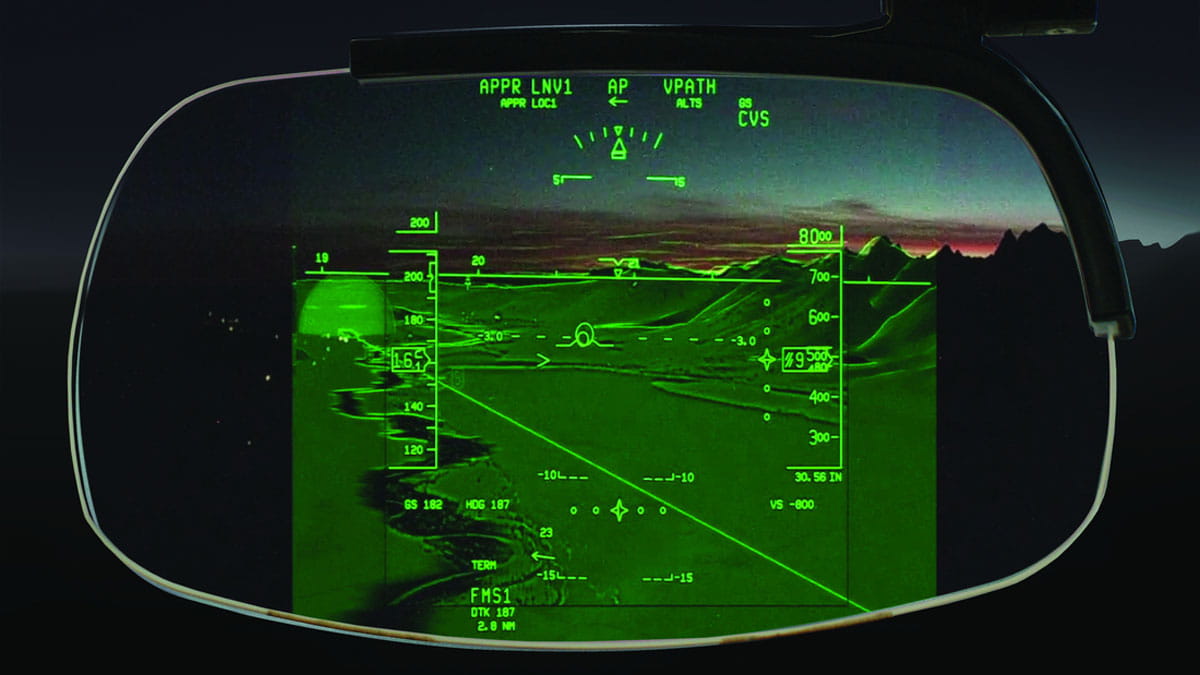 An aircraft head-up display that combines the view out the window with enhanced graphics laid on top