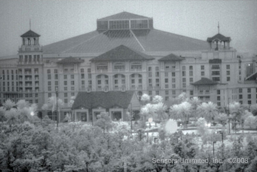 A building viewed through an infrared camera while it is raining.