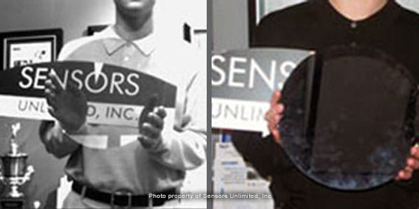 side by side photos of a man holding a circular shape and the other holding what looks like nothing