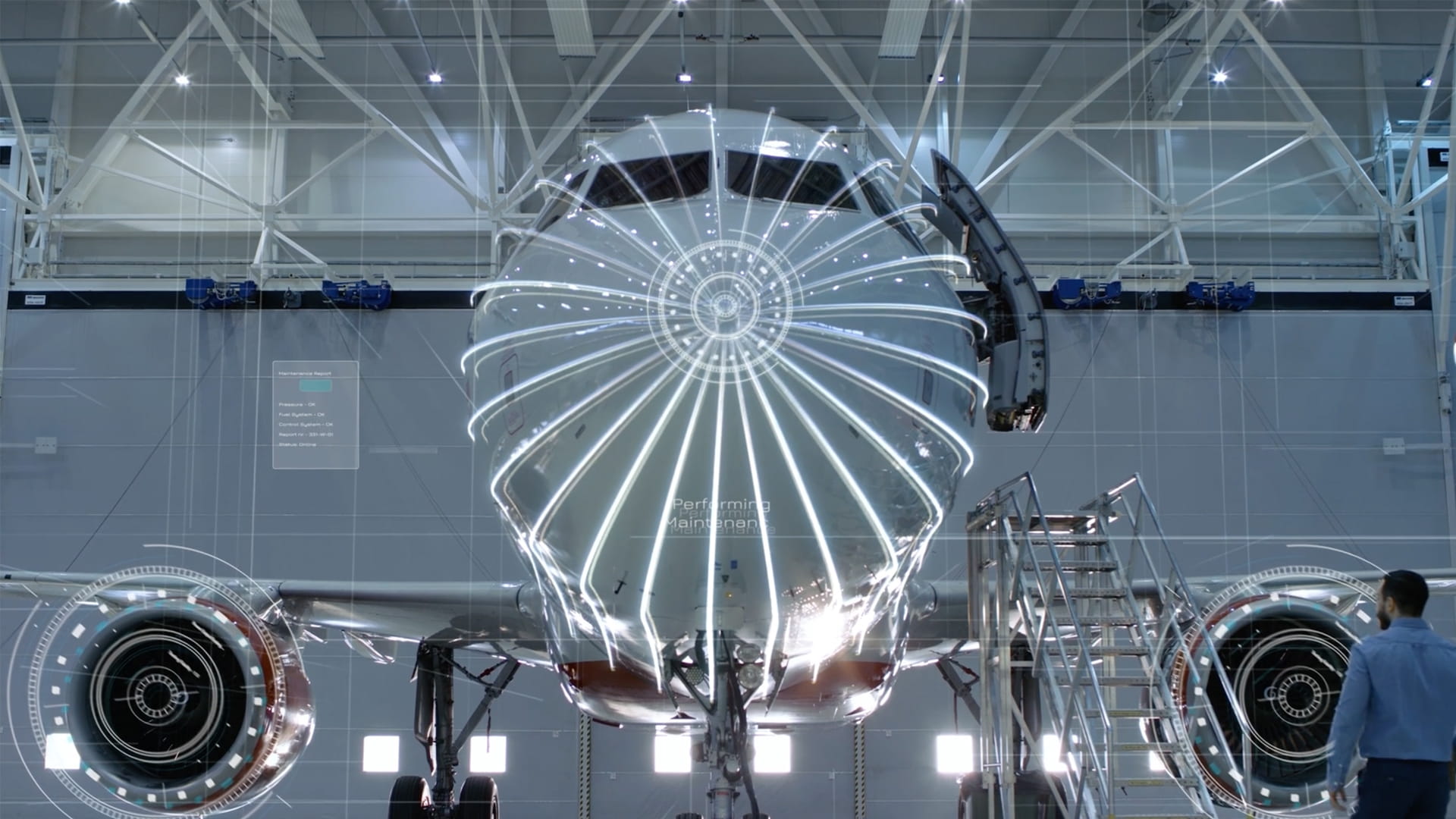 An aircraft in a hangar for maintenance