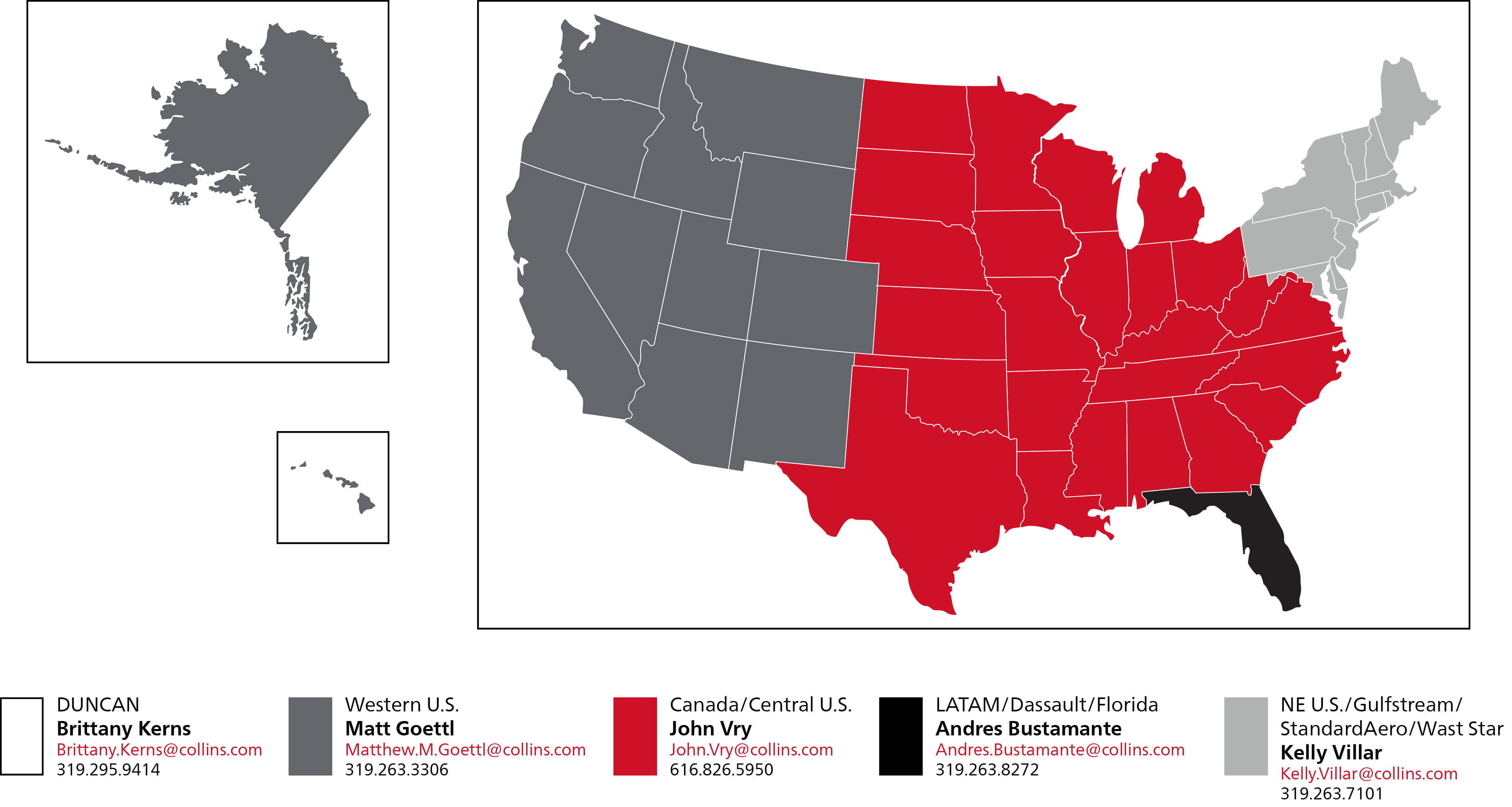 A map of the United States color coded to define sales regions for CASP sales reps