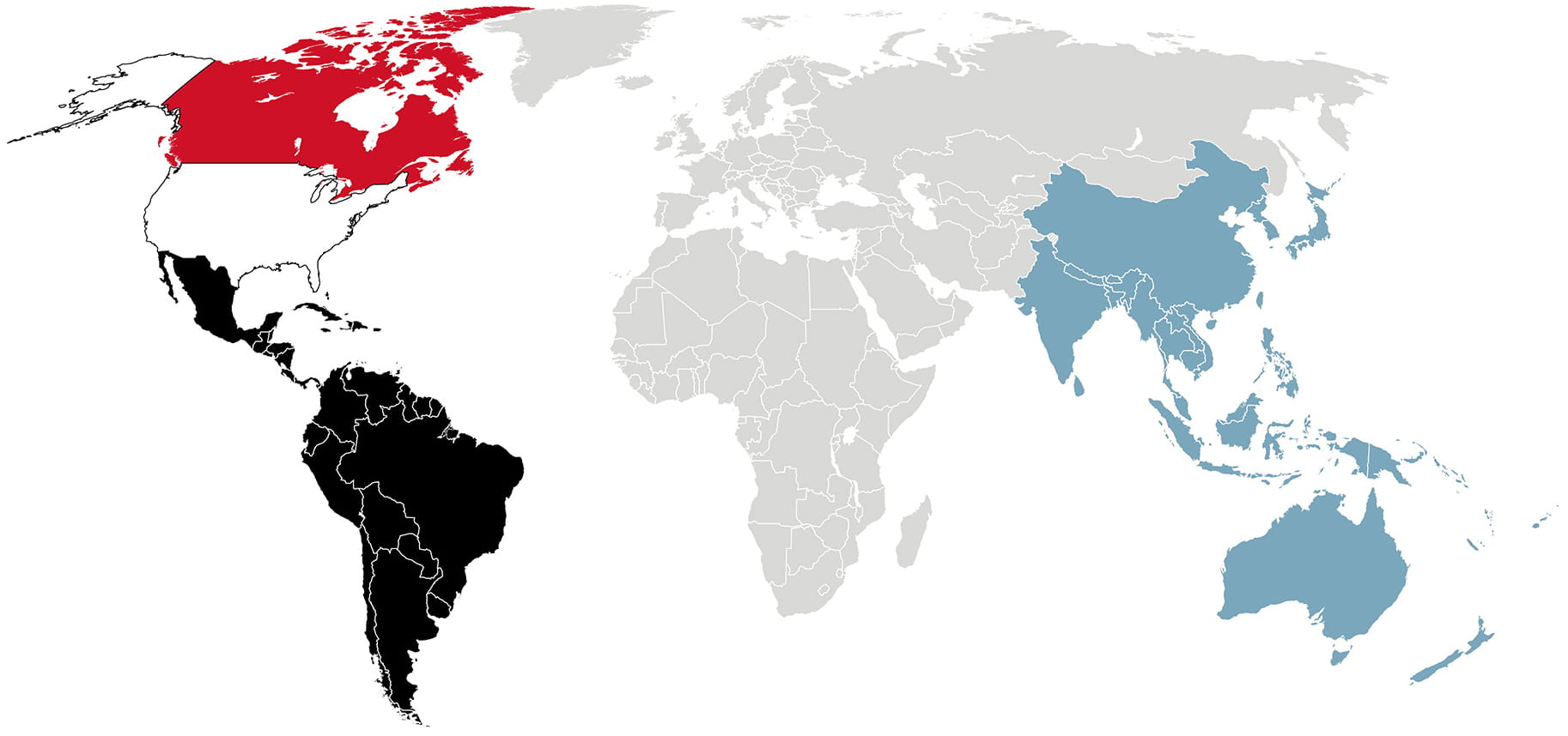 A map of the world color coded to define sales regions for CASP sales reps