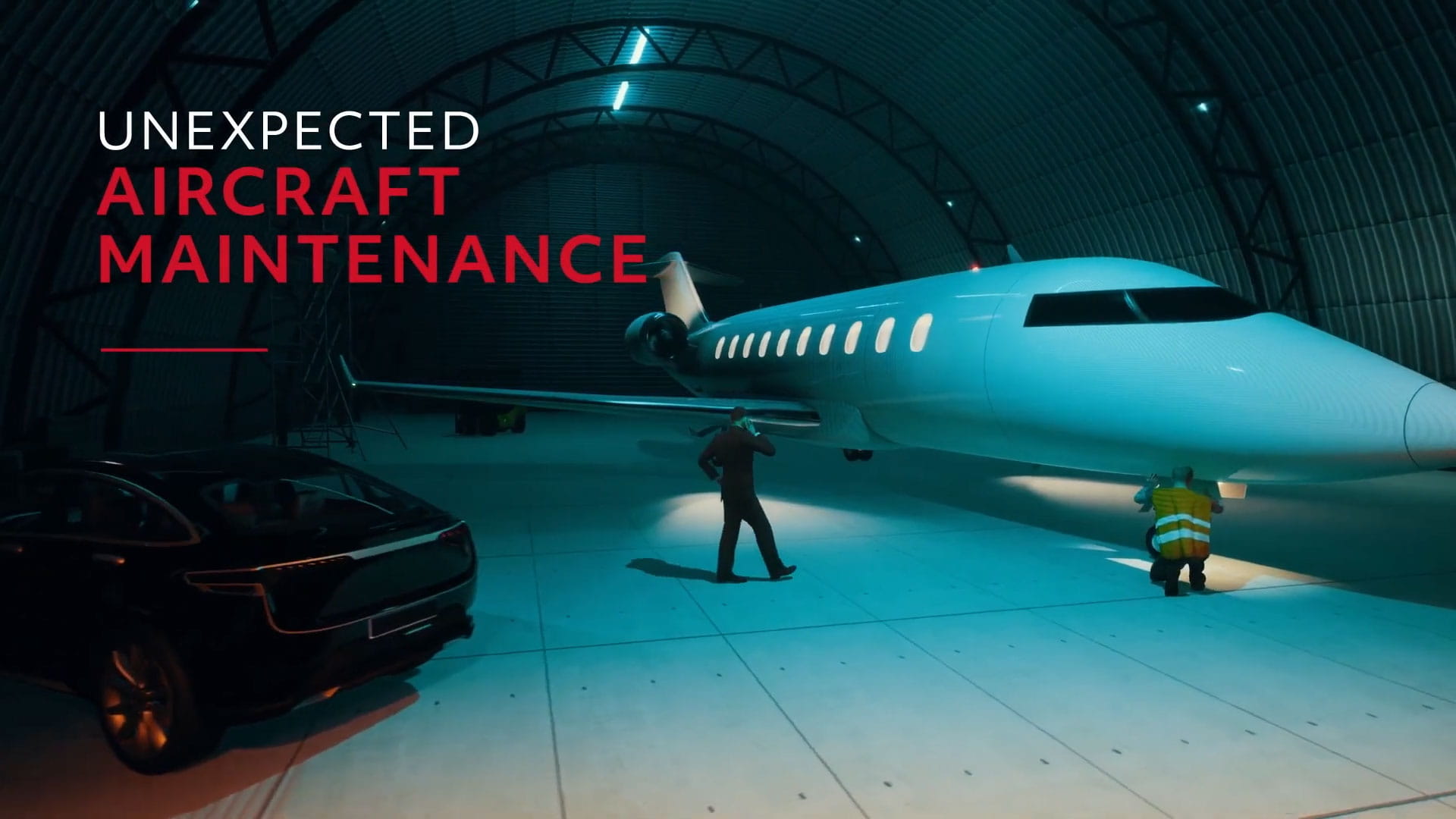 A computer-generated image of a man walking toward a corporate aircraft while another man loads a crate