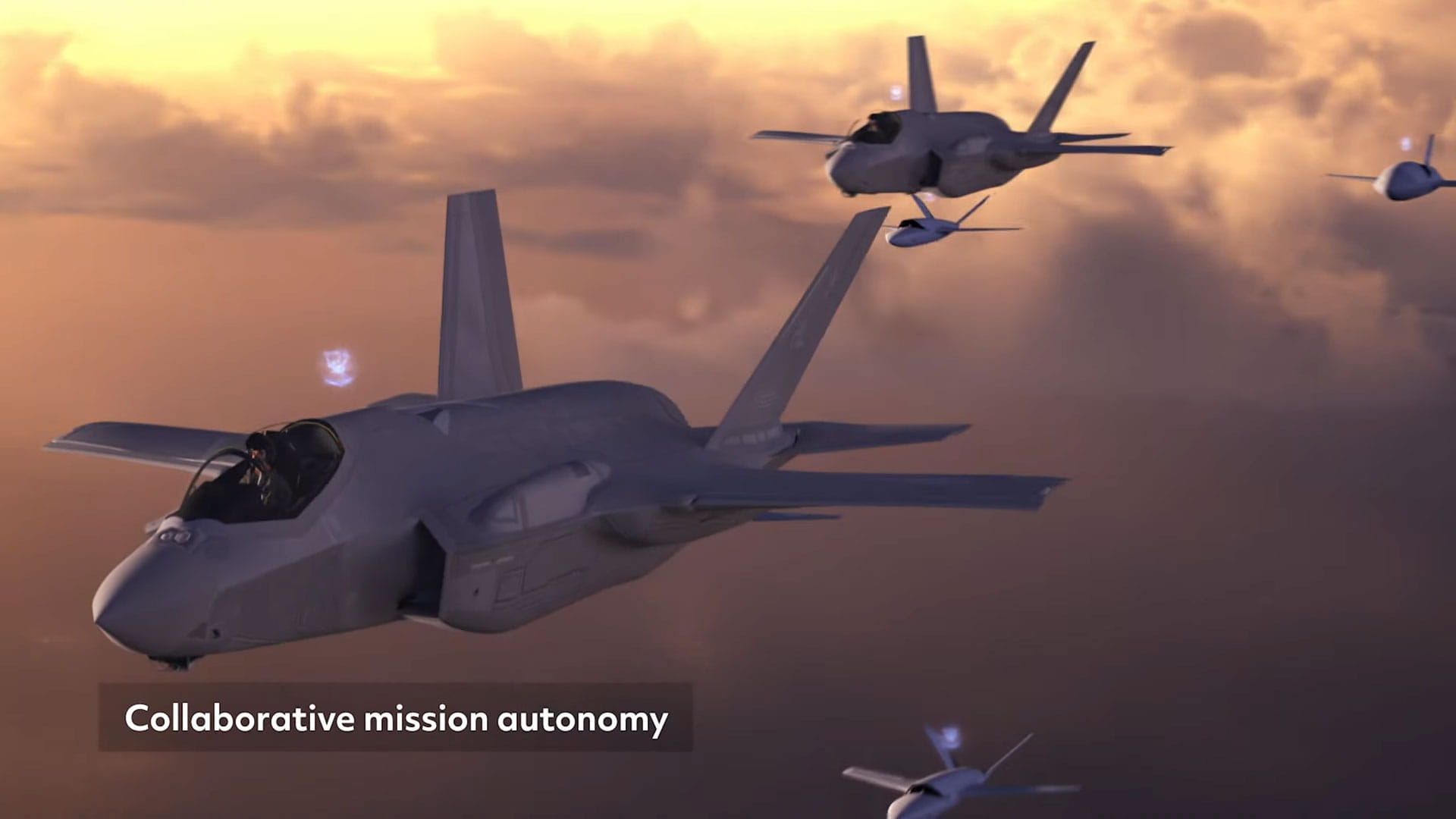 Computer animation of F-35 fighter jets with collaborative combat aircraft