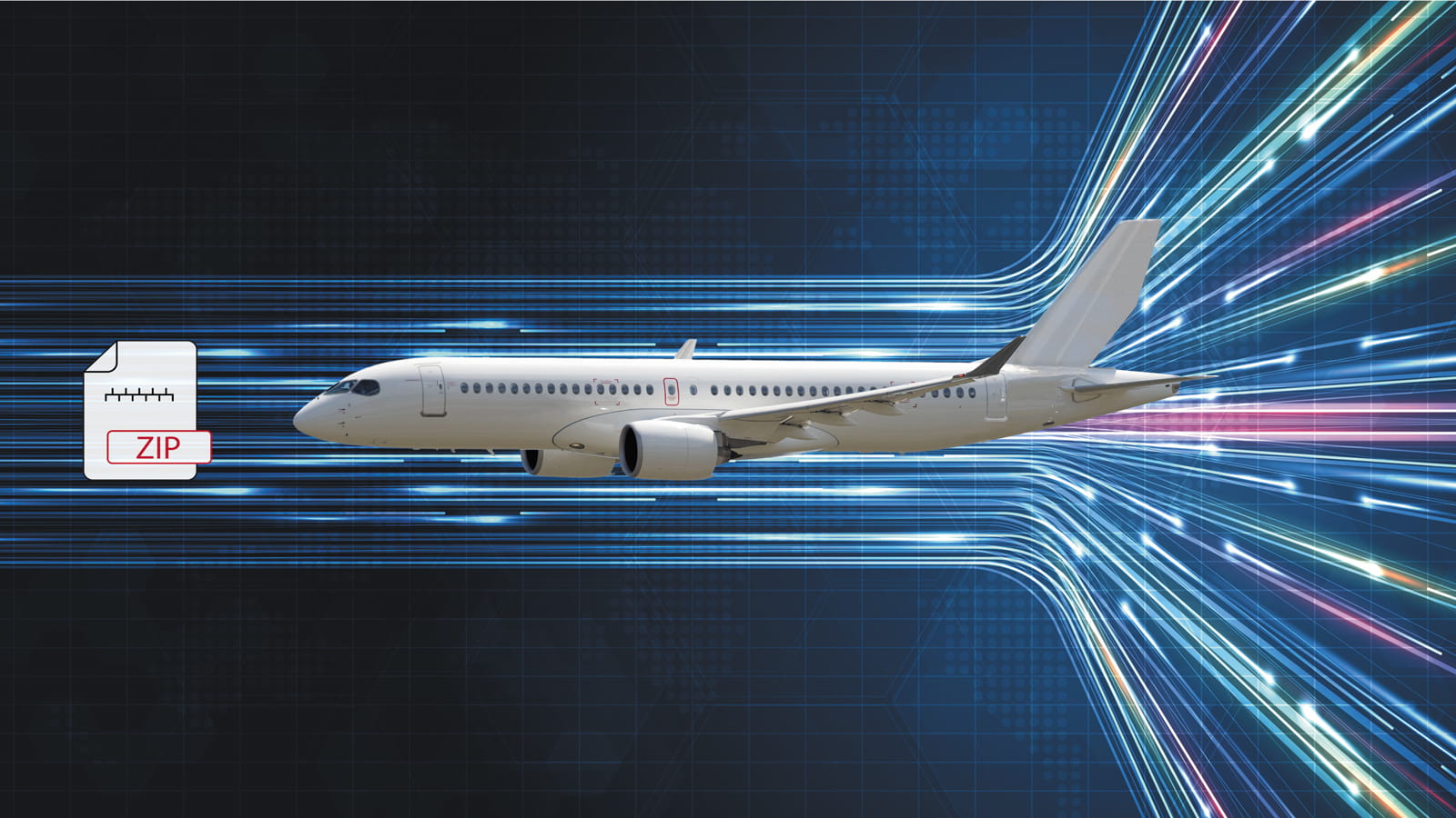 An airplane with an icon of a ZIP file