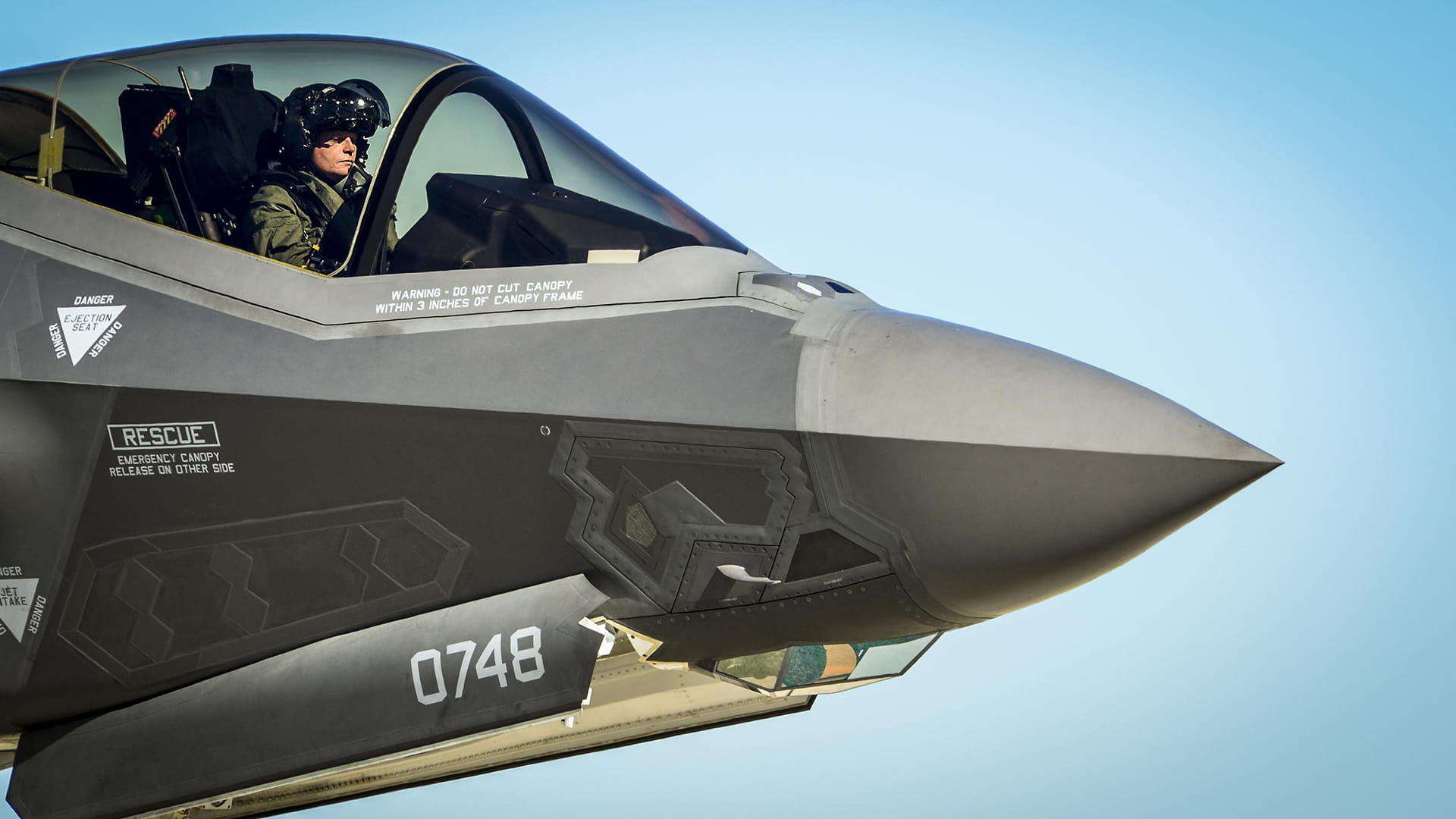 F-35 fighter jet side nose view