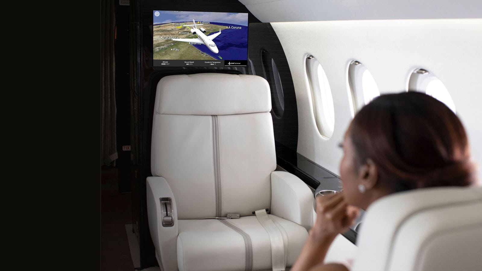 A woman in an aircraft viewing a television