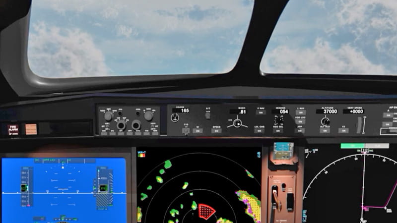 Light clouds visible outside the flight deck window