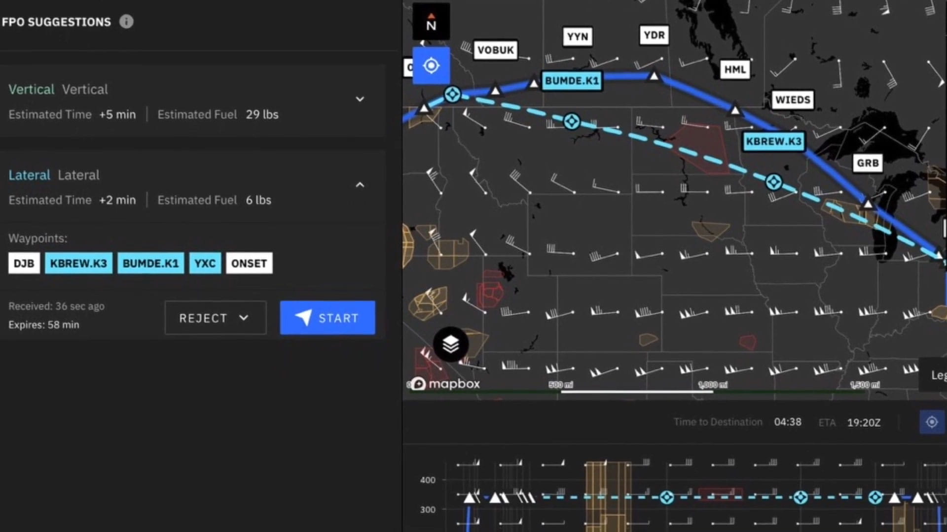 Screenshot from Collins Aerospace Flight Profile Optimization software. Waypoints options are shown on the left, while a route is shown on the route.