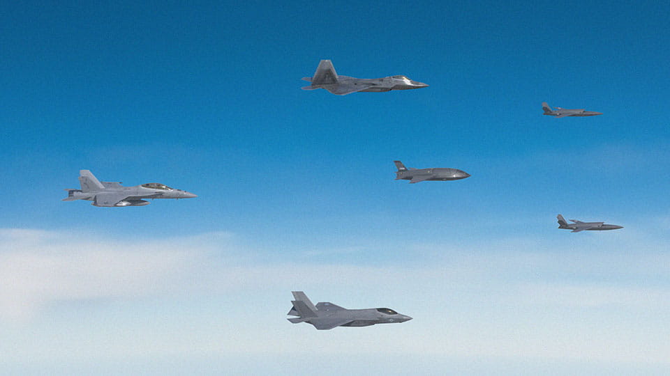 Rendering of half dozen fighter aircraft
