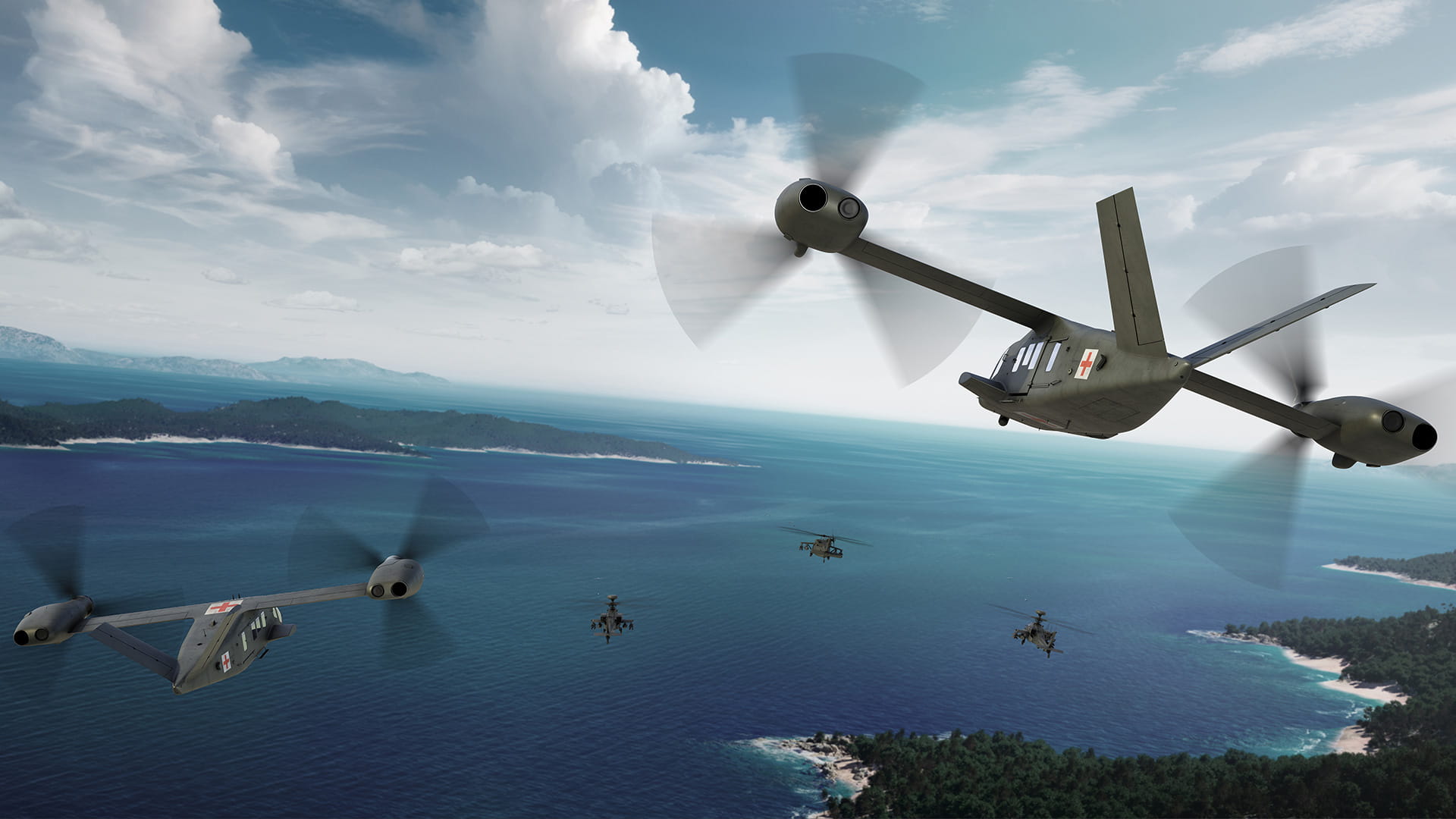 Illustration of several next-gen rotorcraft flying over a body of water
