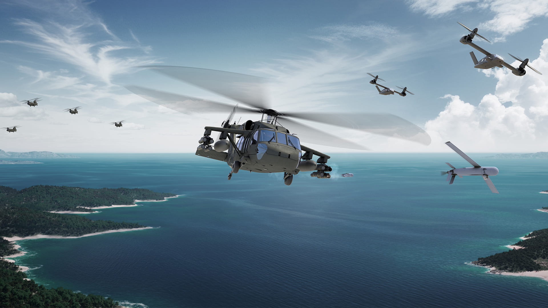Illustration of several next-gen rotorcraft and drones flying over a body of water