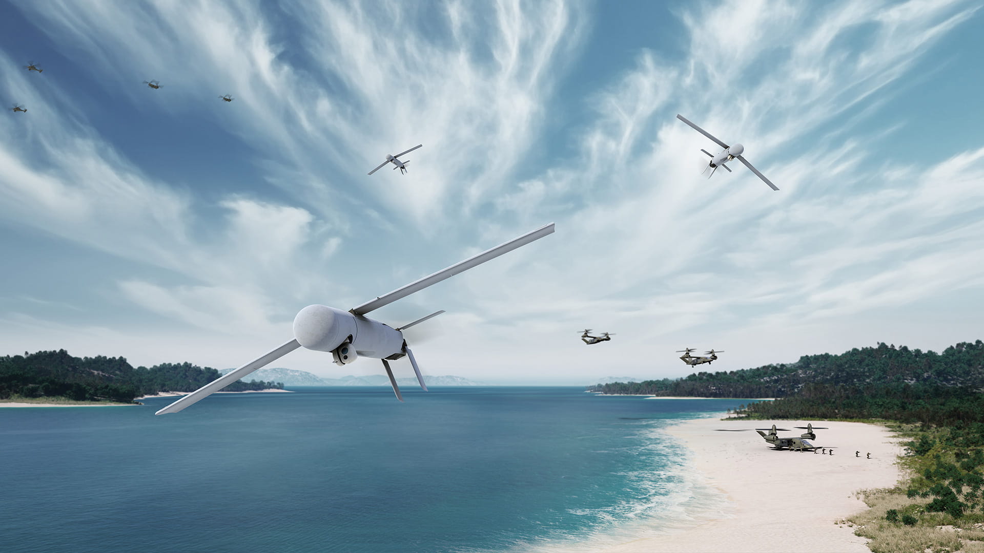 Illustration of several drones flying over a body of water