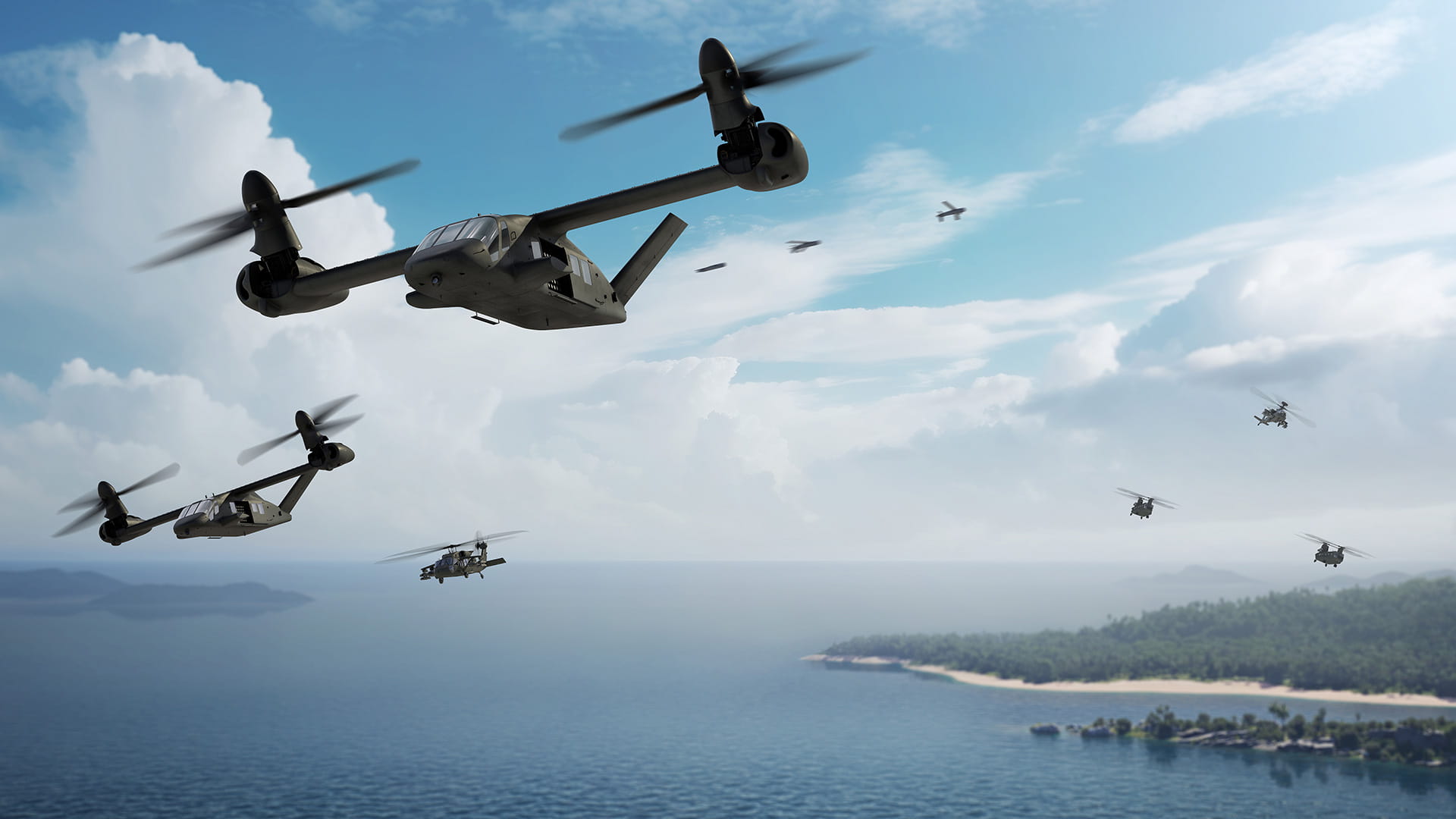 Future Vertical Lift scenario with several next-gen helicopters flying over a body of water