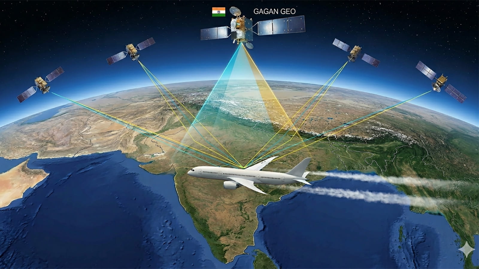 A rendering illustrating satellites communicating with an airplane. Earth is in the background.