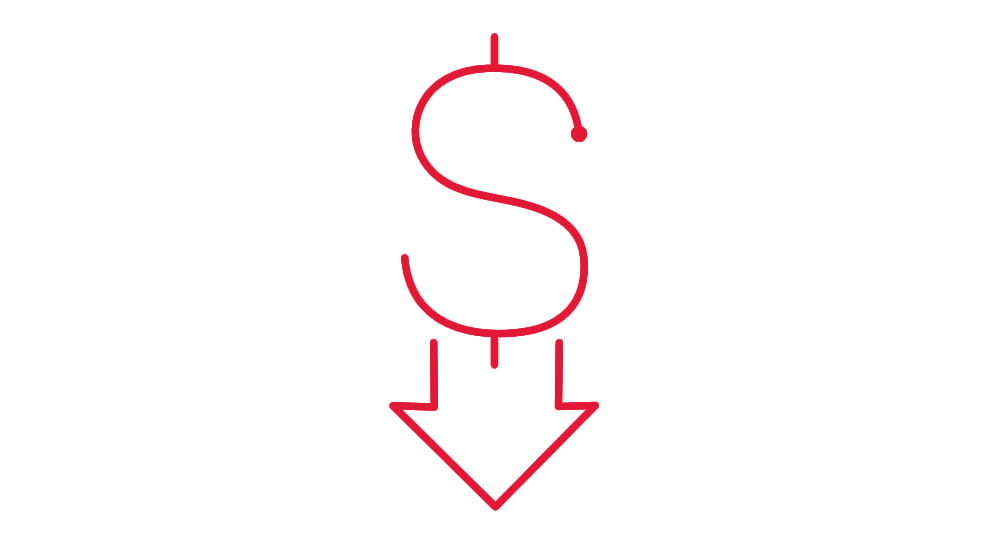 Illustration of a dollar sign with an arrow projecting from the bottom, suggesting cost reduction