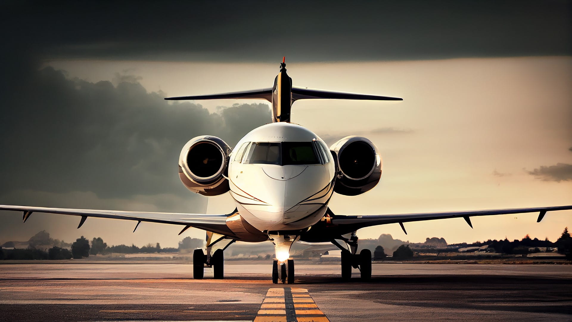 Front view of a business jet on runway