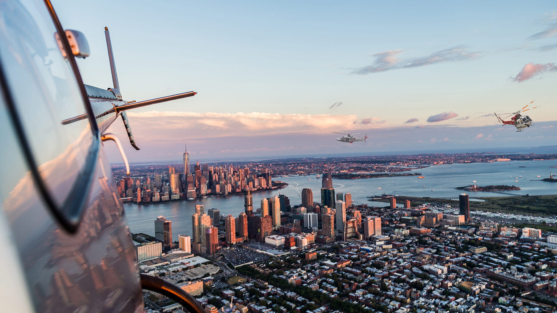 Helicopter over city