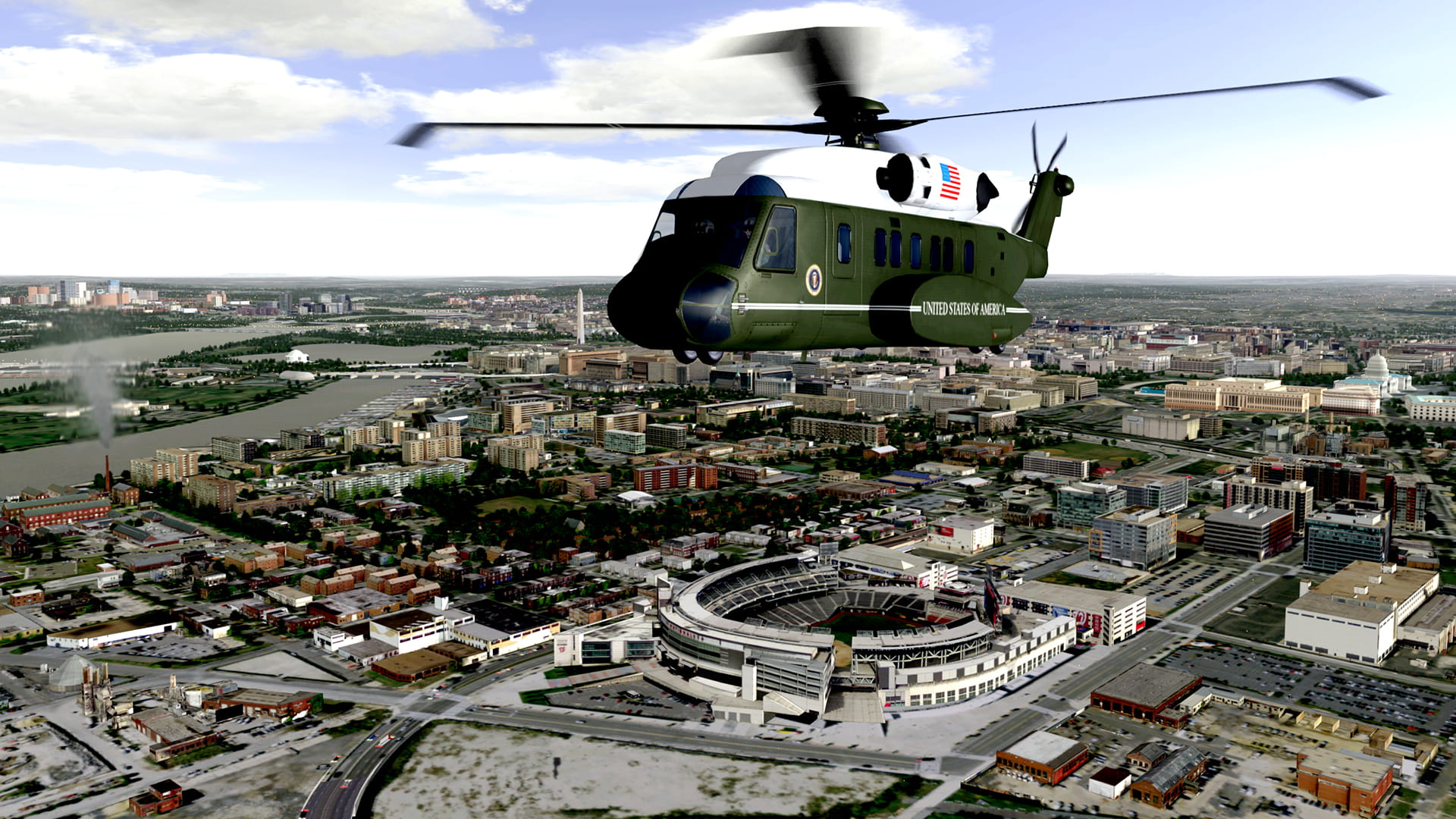 Helicopter above city