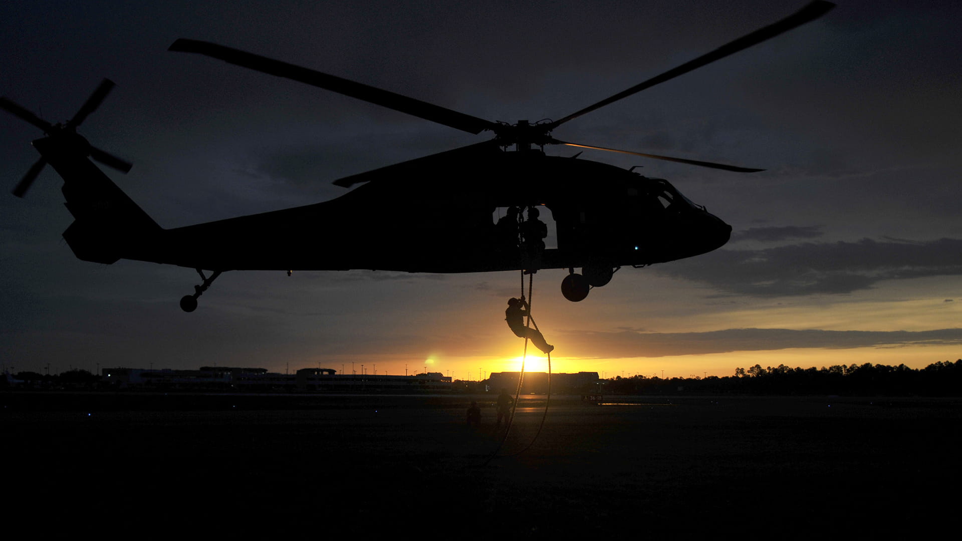 Night shot of helicopter winch