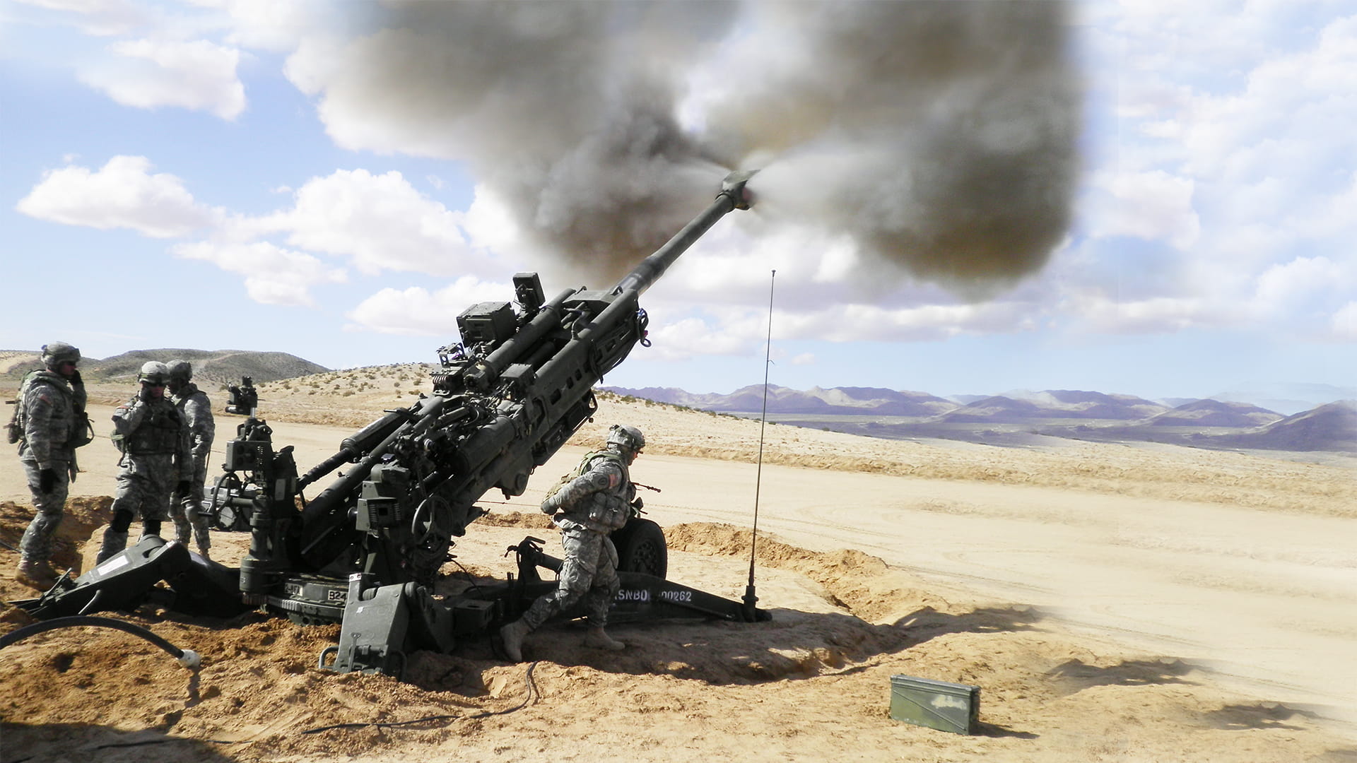 Military personnel launching cannon