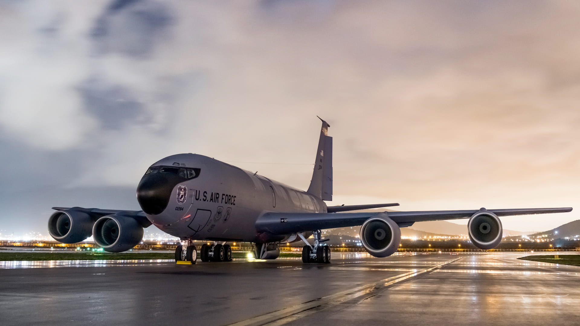 A U.S. Air Force KC-135 tanker taxis down a runway