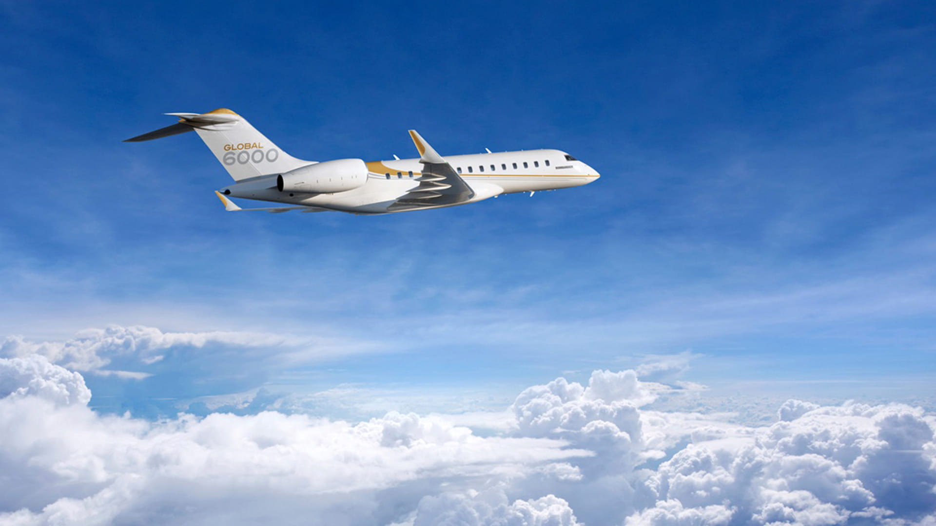 Challenger G5000-6000 plane flying above the clouds