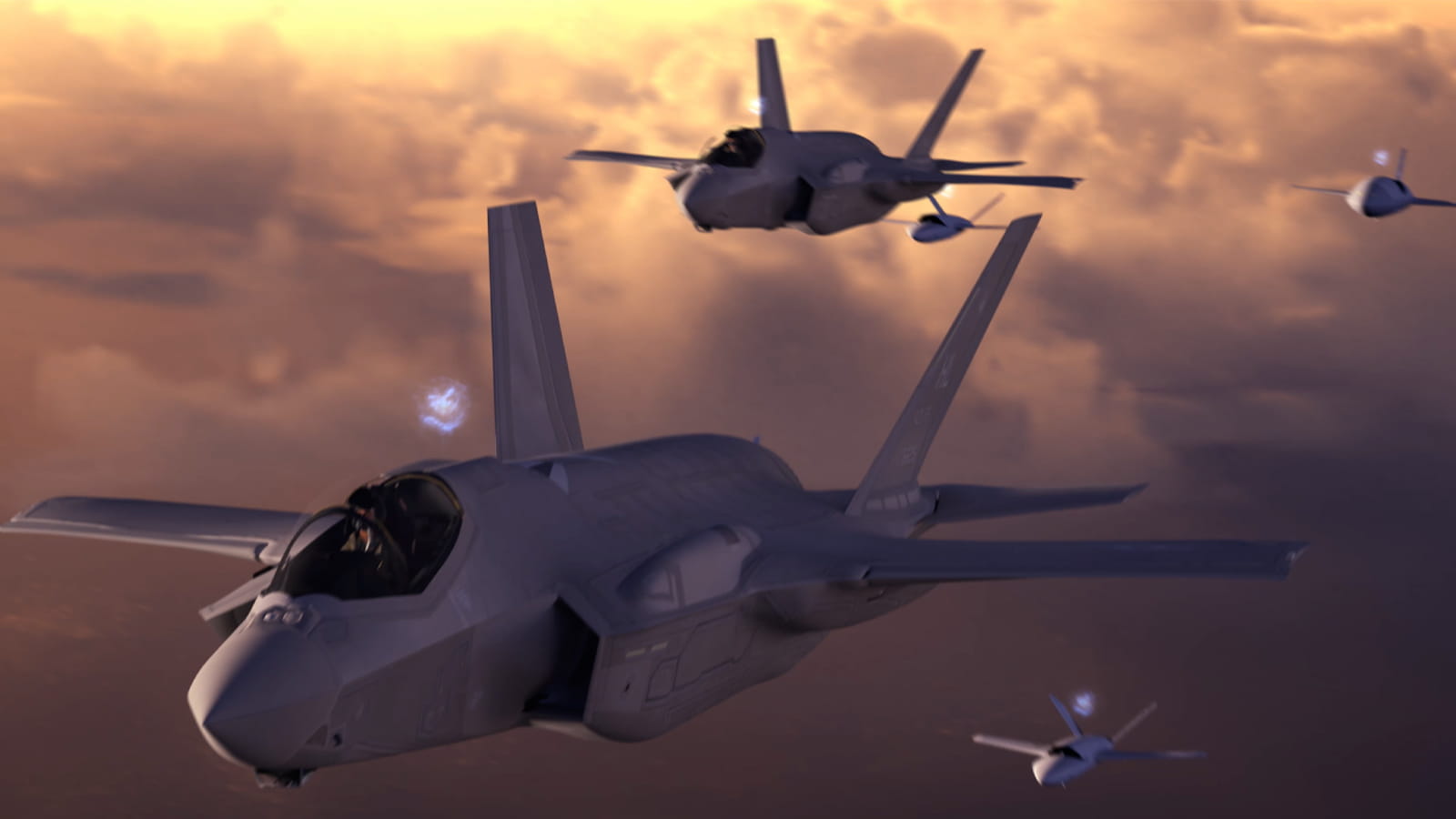 Fighter jets flying in formation along autonomous collaborative platforms