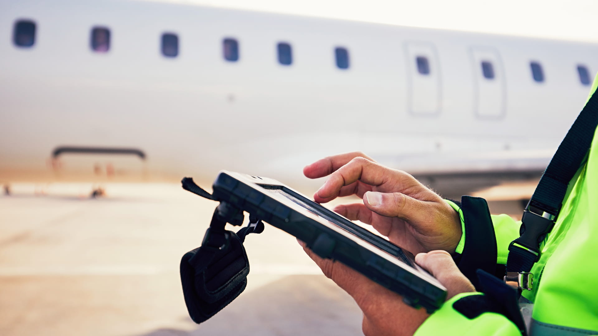Airport contractor holding tablet