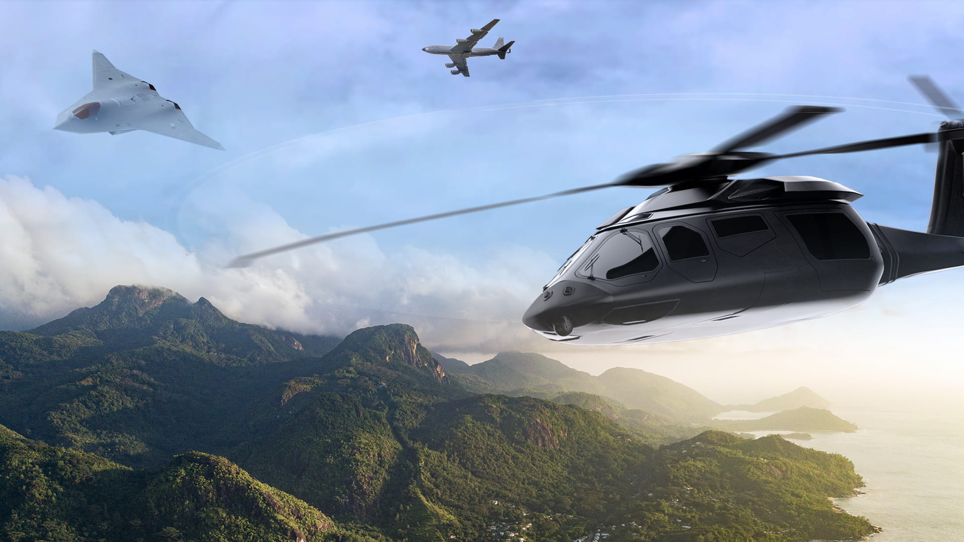 Illustration of a tanker transport, sixth gen fighter, and future rotorcraft flying over mountains