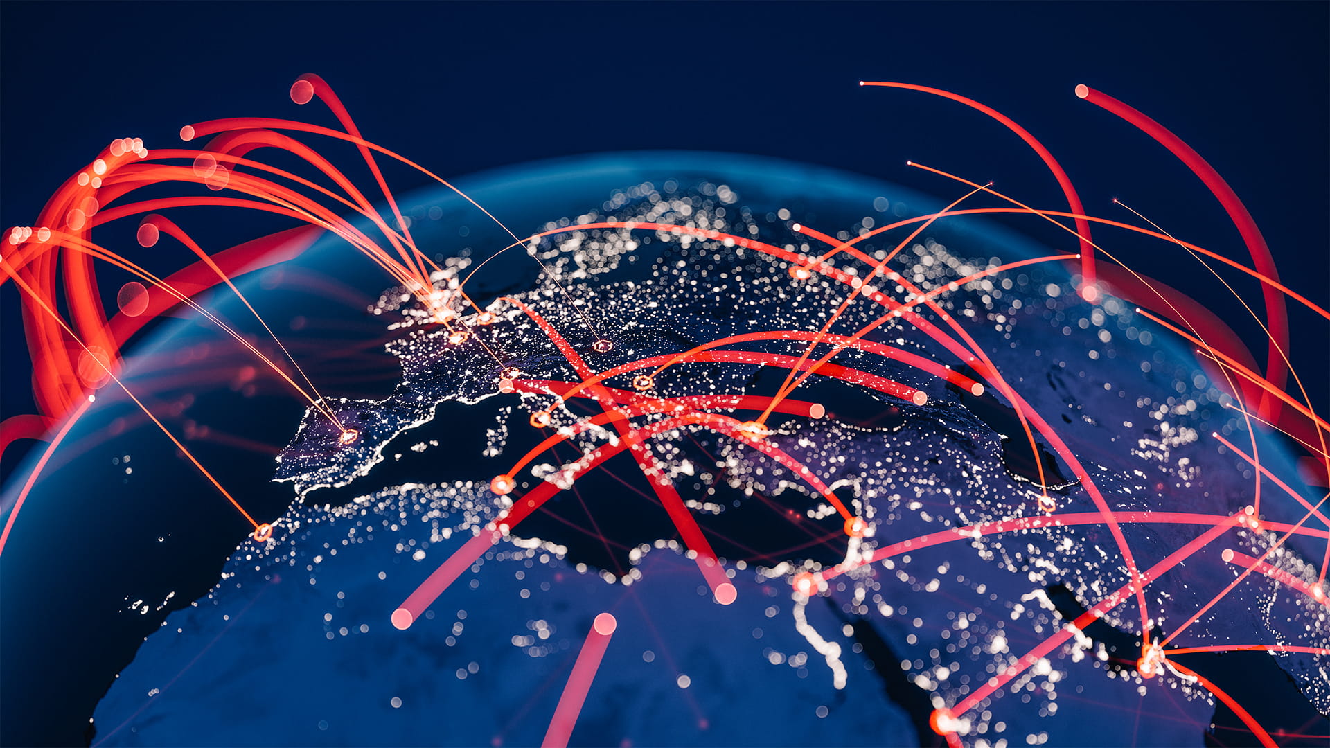 Blue Globe viewing from space at night with connections between cities.
