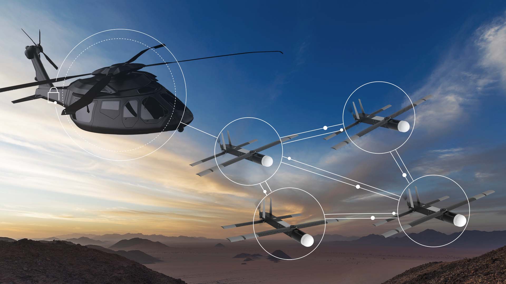 Helicopter and four drones