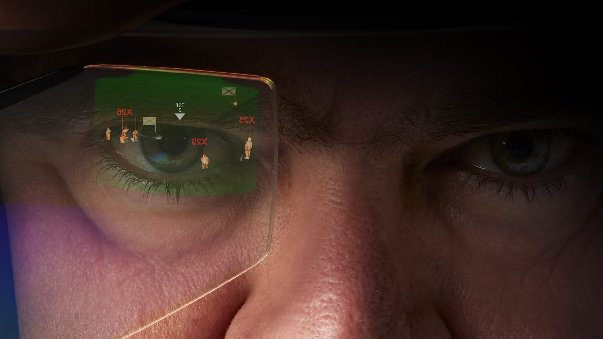 Close-up photo of ground-based warfighter helmet mounted enhance reality vision system (ERV-30) display