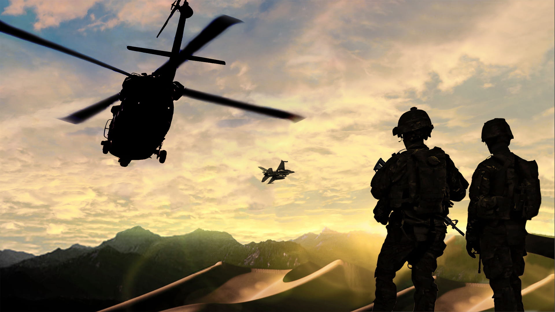 Evening view with helicopter and soldiers in background